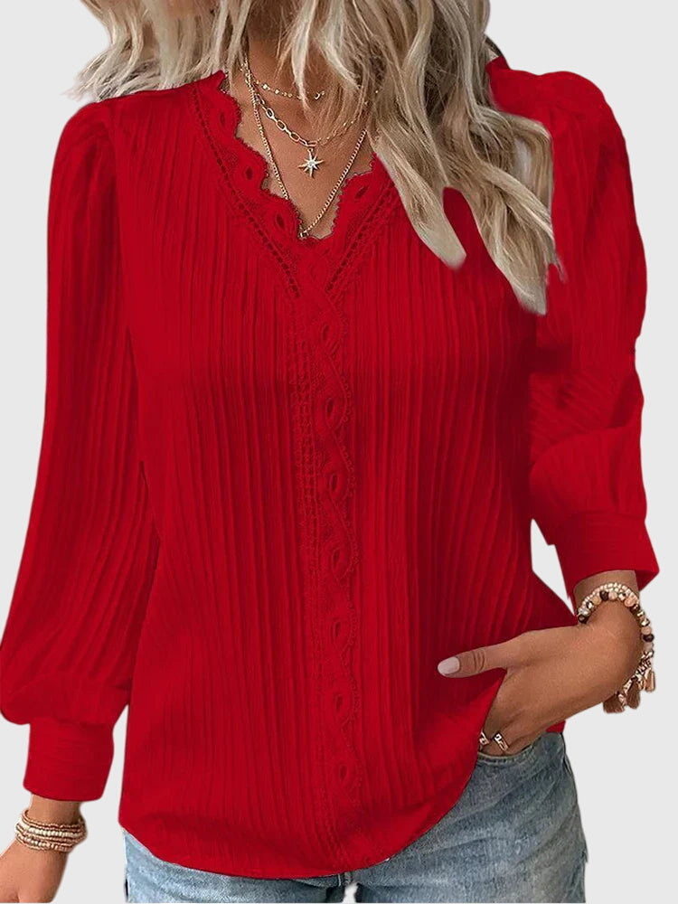 Mariselle | Elegant Pleated Lace Trim Blouse