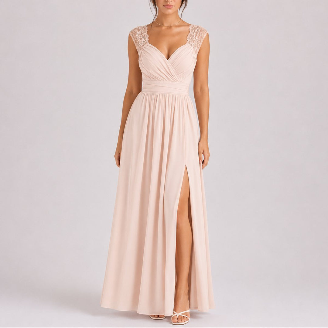 Rosie | Women's Fall Wedding Guest Dress with Lace Shoulder & Side Slit