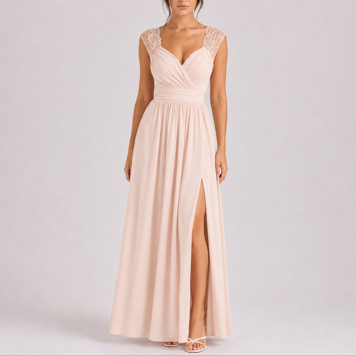 Rosie | Women's Fall Wedding Guest Dress with Lace Shoulder & Side Slit