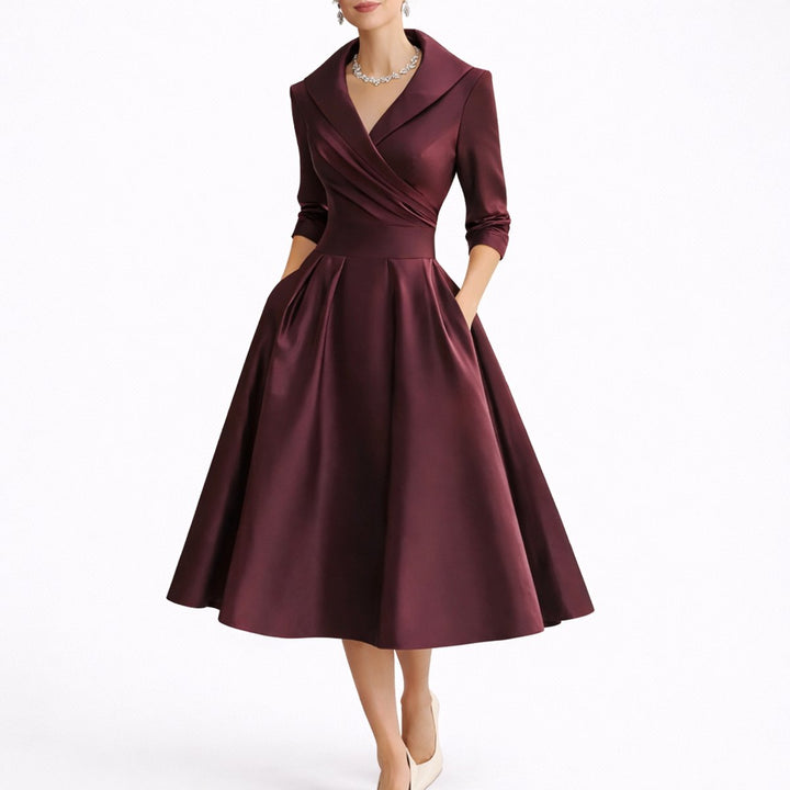 Zalina | Elegante abito midi strutturato a trapezio da donna per invitata a un matrimonio autunnale