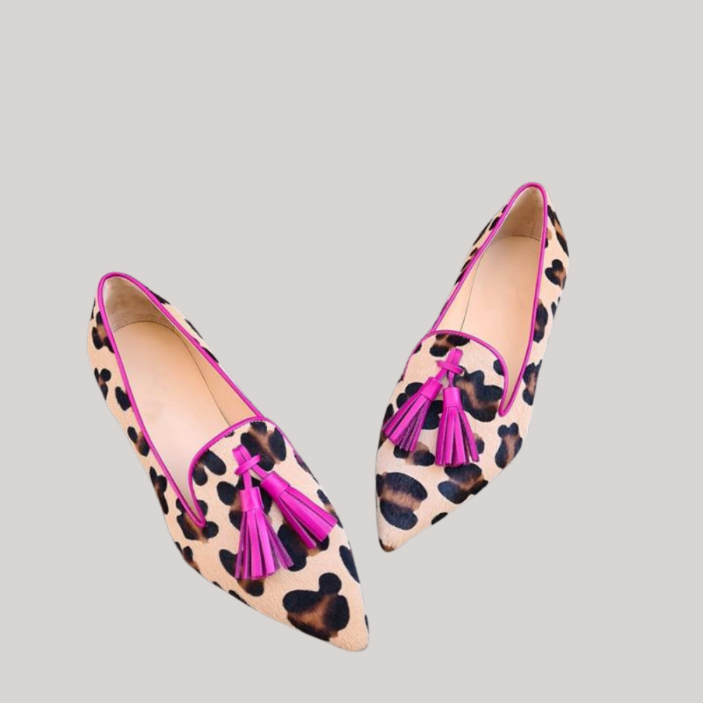 Camilla | Damen-Mokassins aus Leder mit Leopardenmuster und Quasten