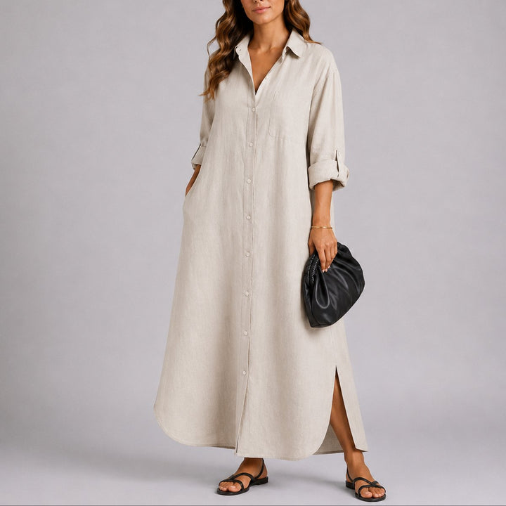 Arabelle | Women's Fall Wedding Guest Oversized Linen Button Maxi Dress