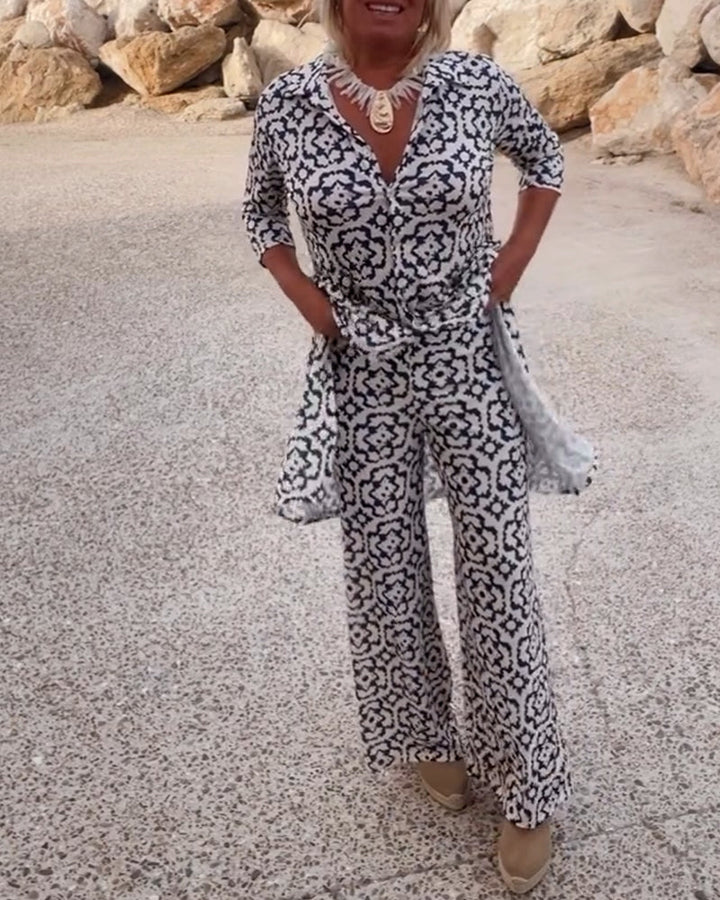 Aurielle | Completo con stampa, top a maniche a 3/4 con scollo a V e pantaloni a gamba larga