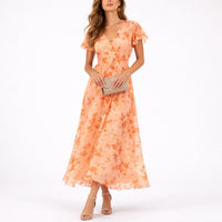 Ellara | Women's Fall Wedding Guest Floral Chiffon Flutter-Sleeve Maxi Dress