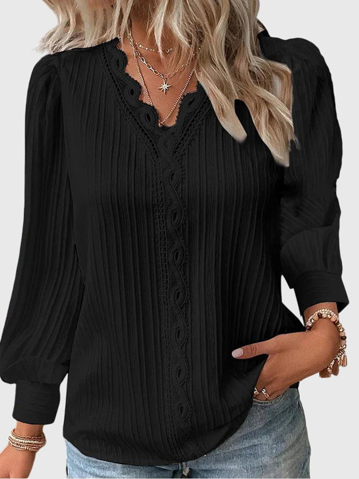 Mariselle | Elegant Pleated Lace Trim Blouse