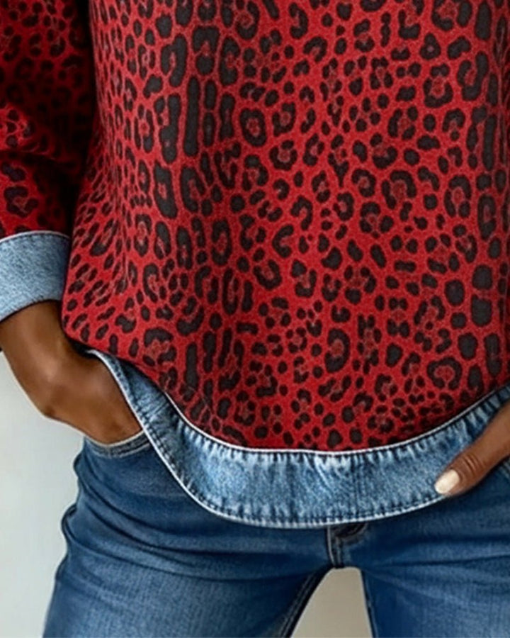 Liora | Leopard Print Denim Patchwork Pullover