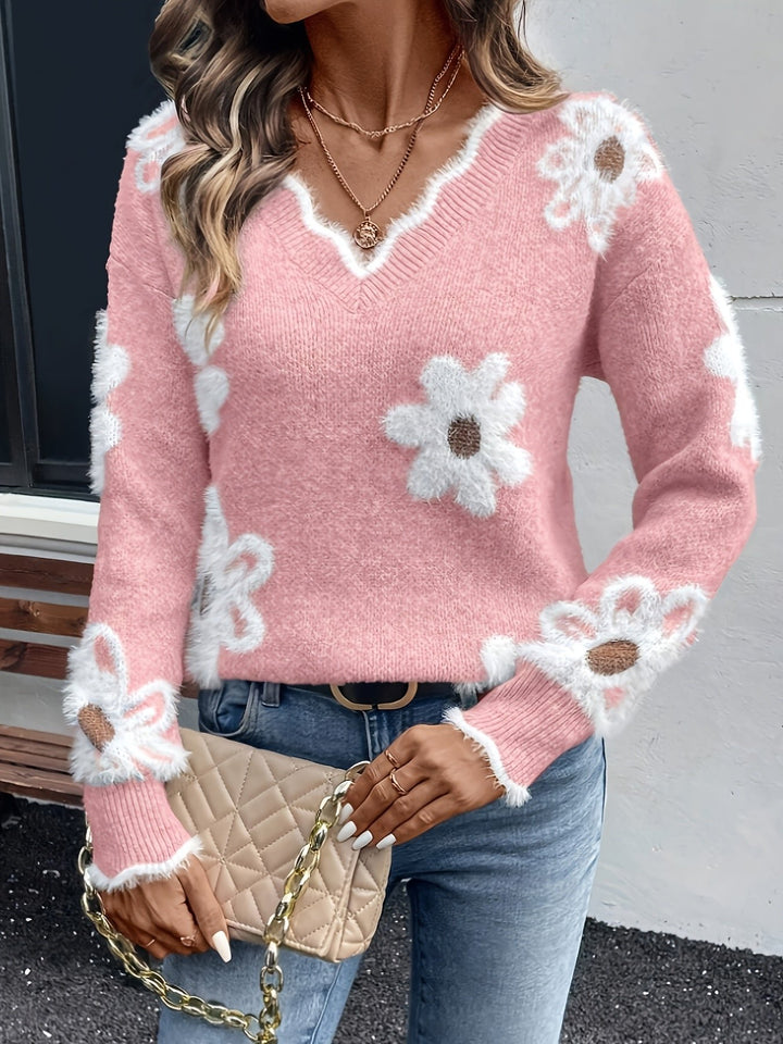 Lory | Floral Pullover – Elegant V-Neck Sweater for Women