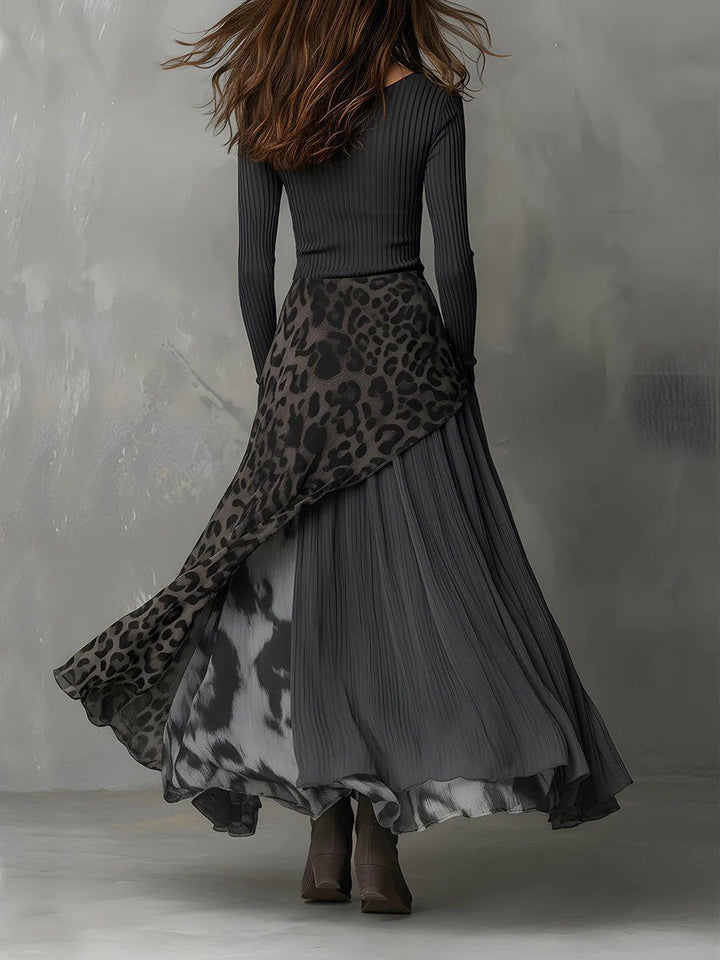 Amelisse | Women's Ribbed Top Leopard Print Asymmetrical Maxi Dress