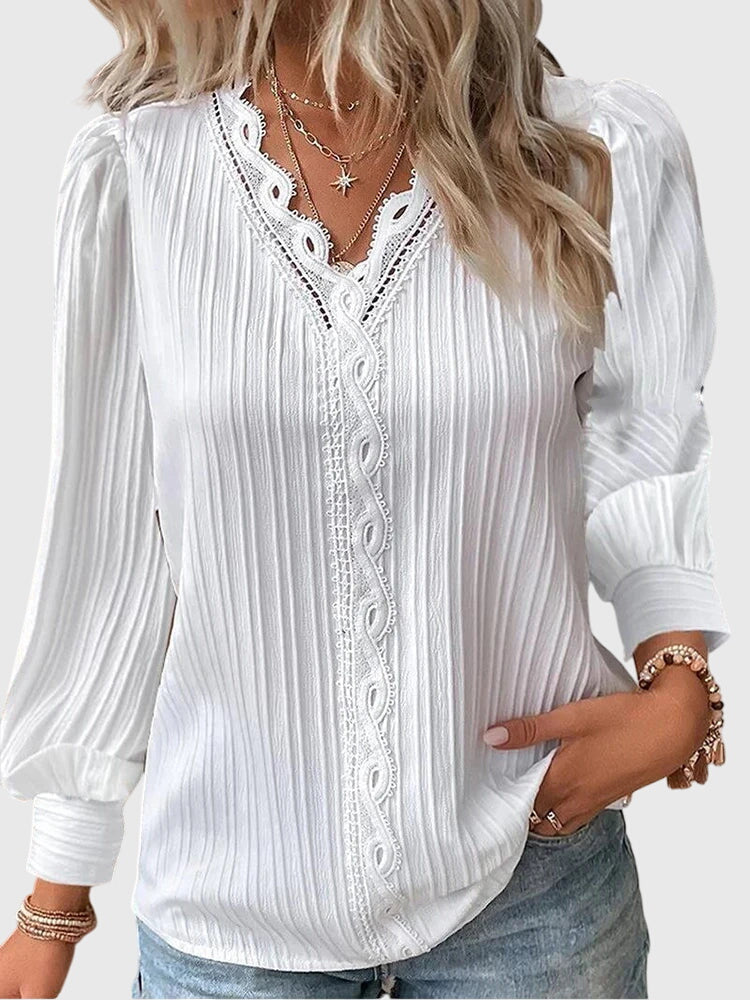 Mariselle | Elegant Pleated Lace Trim Blouse