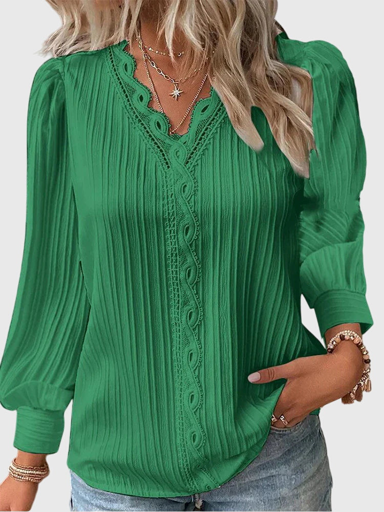 Mariselle | Elegant Pleated Lace Trim Blouse