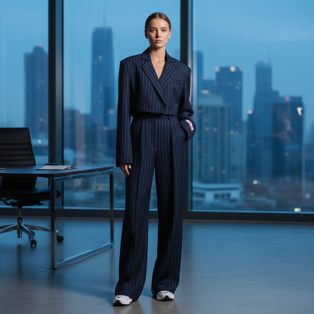 Regina | Completo da donna con blazer a righe e pantaloni a gamba larga