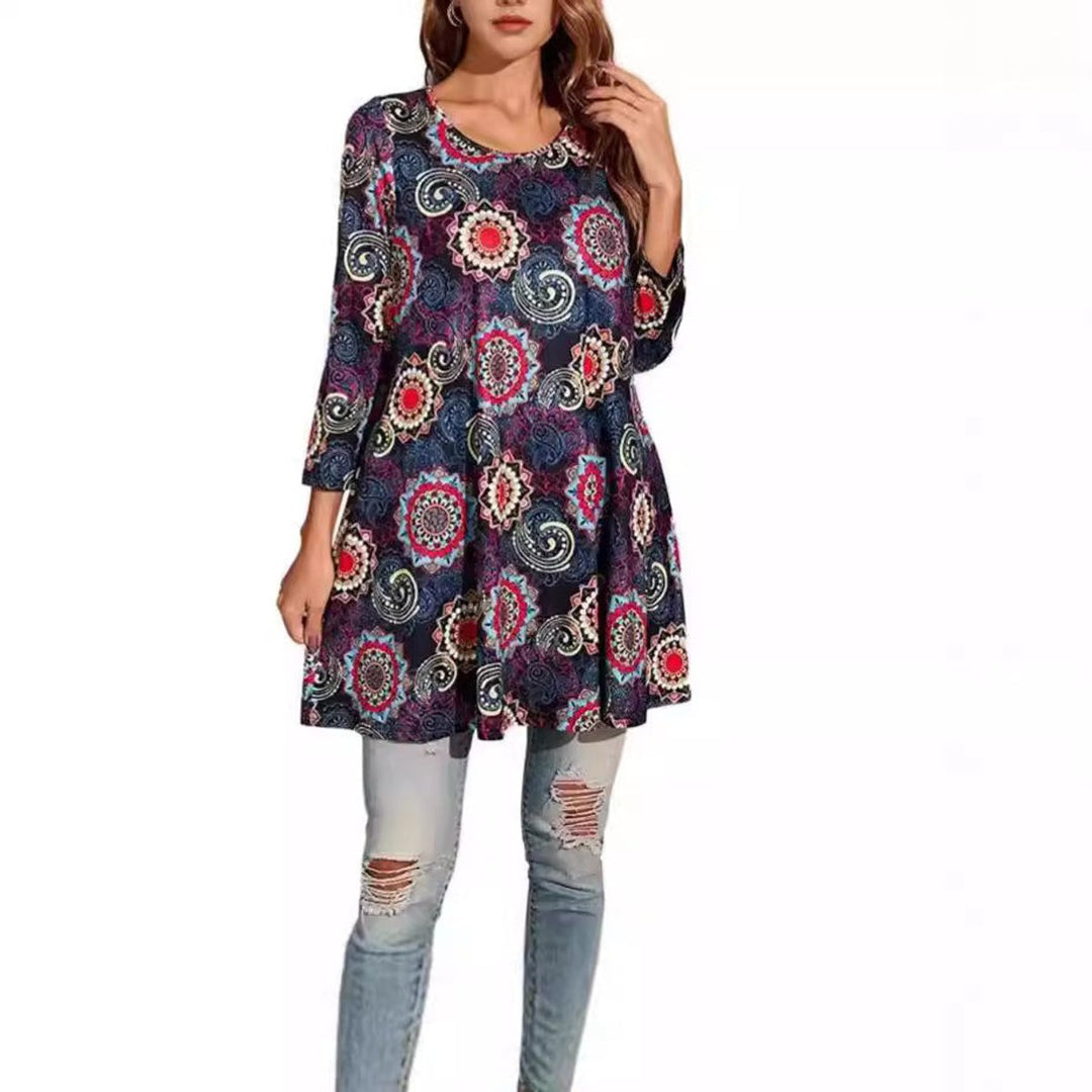 Avelyn | A-Linien-Tunika-Oberteil mit Mandala-Print und 3/4-Ärmeln