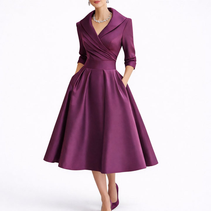 Zalina | Elegante abito midi strutturato a trapezio da donna per invitata a un matrimonio autunnale