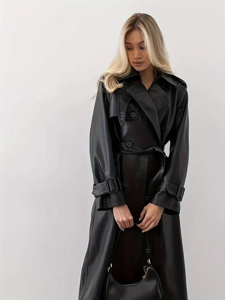 Valerie | Trench lungo elegante da donna in ecopelle con cintura