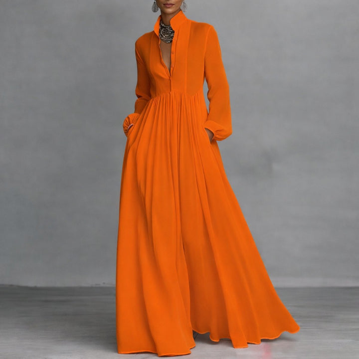 Seraphine | Women's Long Sleeve Flowing Stand Collar Maxi Shirt Dress
