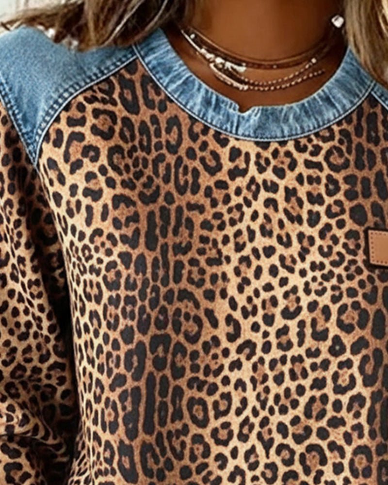 Liora | Leopard Print Denim Patchwork Pullover