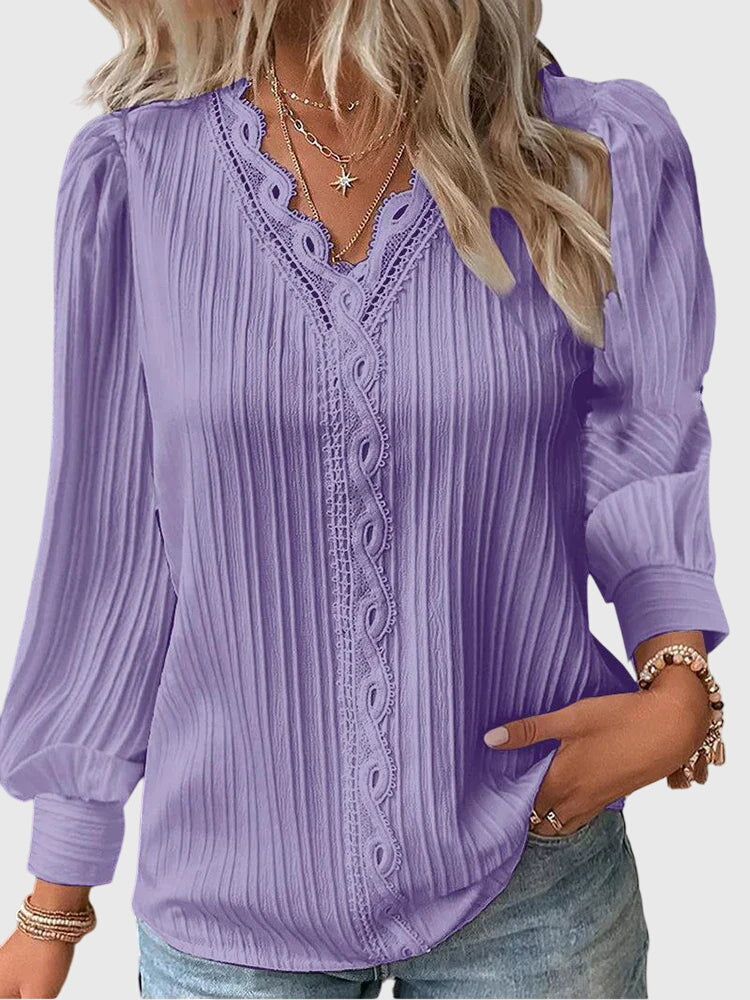 Mariselle | Elegant Pleated Lace Trim Blouse