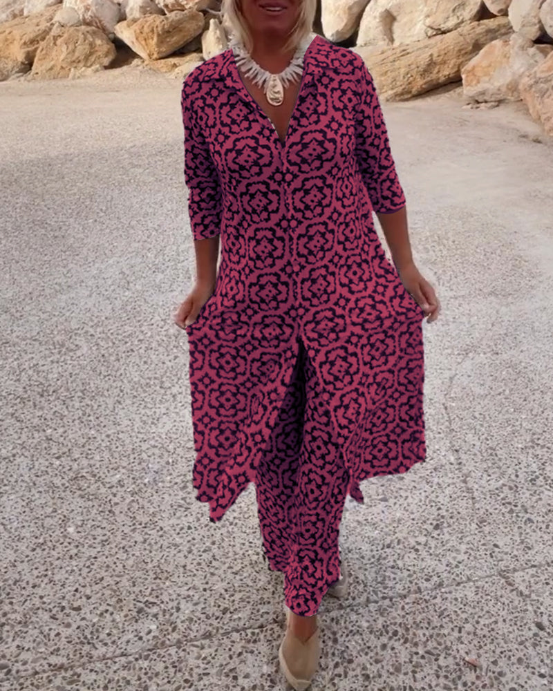 Aurielle | Completo con stampa, top a maniche a 3/4 con scollo a V e pantaloni a gamba larga