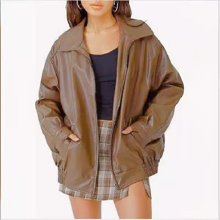 Ava | Bomber Jacket – Oversized Faux Leather Style for Women