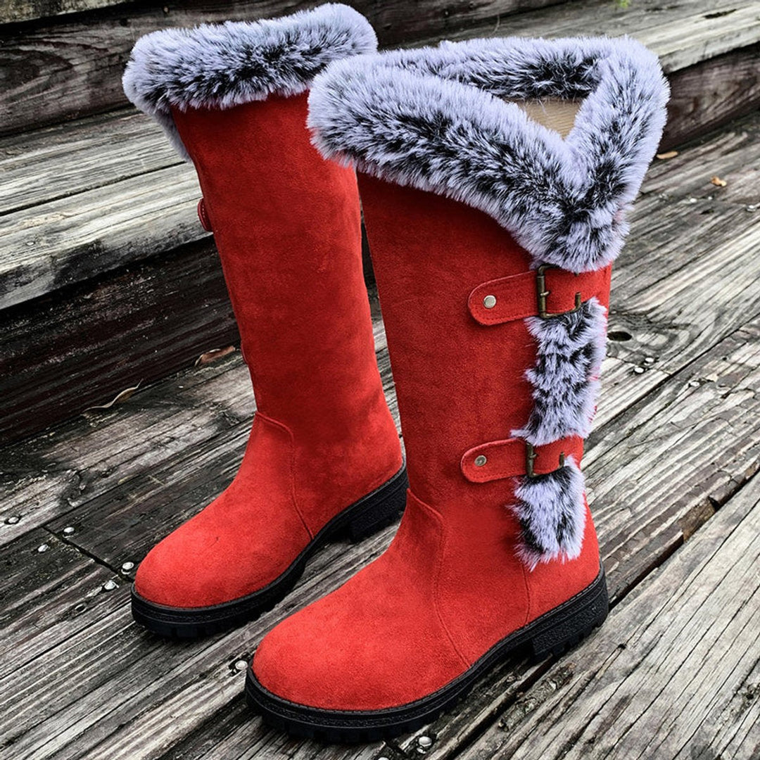 Harper | Bequeme Stiefel für Damen aus Kunstveloursleder mit Fellbesatz, Schnalle und knöchelhohem Schaft
