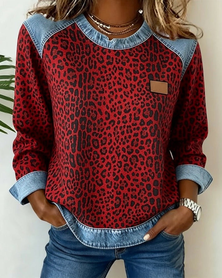 Liora | Leopard Print Denim Patchwork Pullover