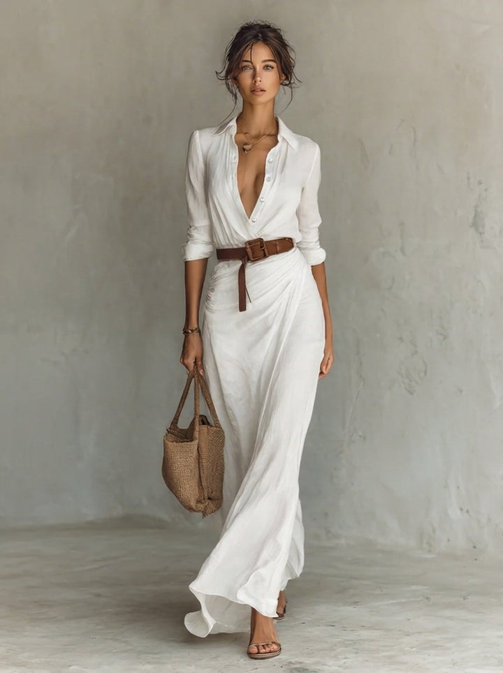 Lunara | Women's Belted Long Sleeve Flowing Maxi Shirt Dress