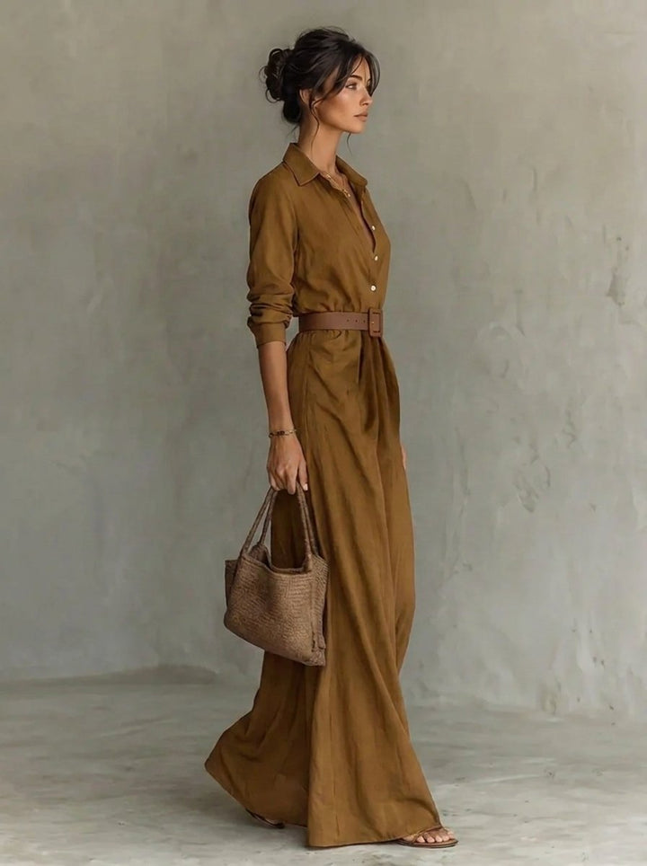 Lunara | Women's Belted Long Sleeve Flowing Maxi Shirt Dress
