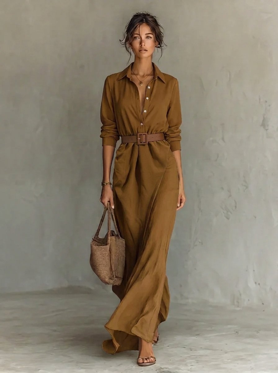 Lunara | Women's Belted Long Sleeve Flowing Maxi Shirt Dress