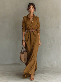 Lunara | Women's Belted Long Sleeve Flowing Maxi Shirt Dress