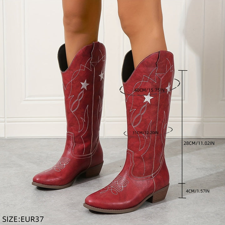 Seraphina | Kniehohe Cowboystiefel mit weitem Schaft und Sternstickerei für Damen