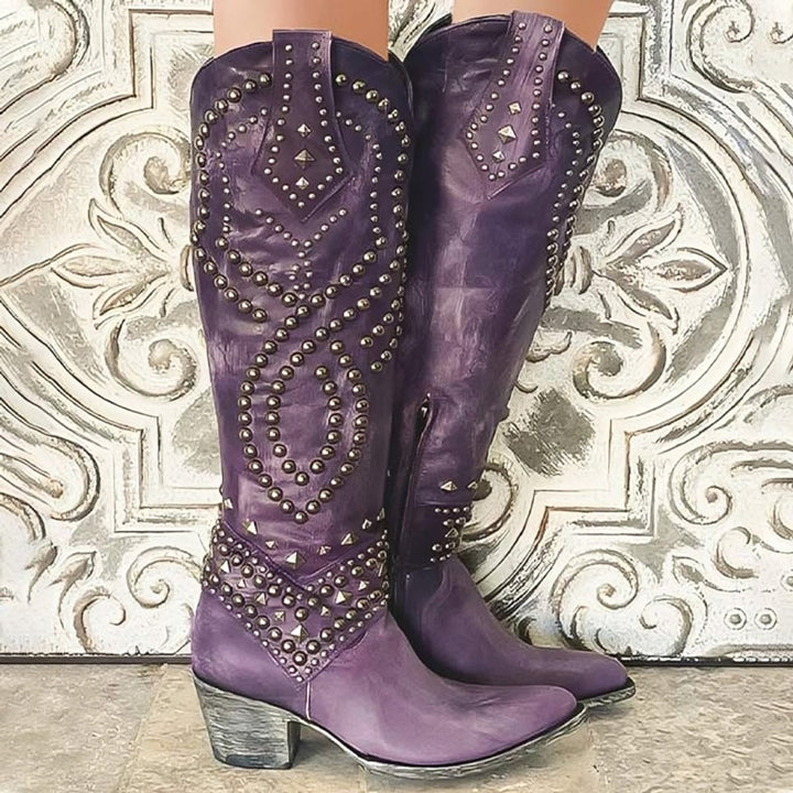 Seraphine | Stivali western da donna alti fino al ginocchio, con borchie e tacco largo