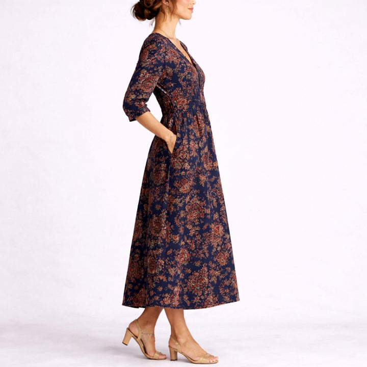 Lunaria | Women's Elegant Floral Printed V-Neck Midi Dress