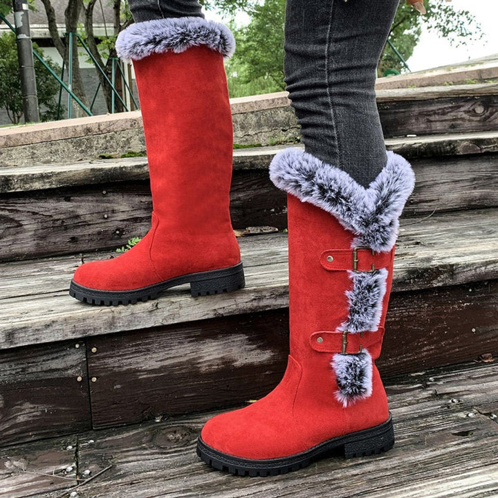 Harper | Bequeme Stiefel für Damen aus Kunstveloursleder mit Fellbesatz, Schnalle und knöchelhohem Schaft