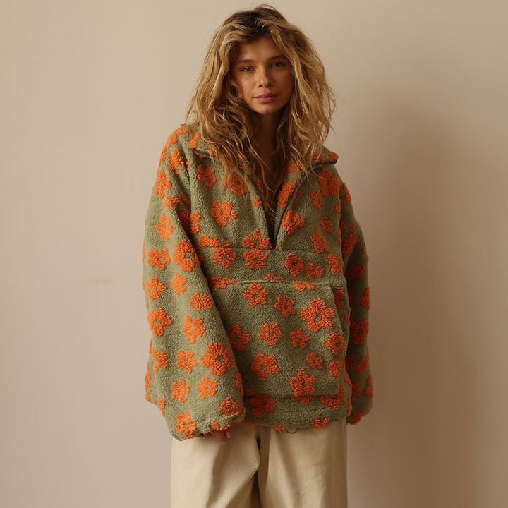 Celestine | Maglione oversize in caldo pile effetto orsacchiotto con motivo floreale