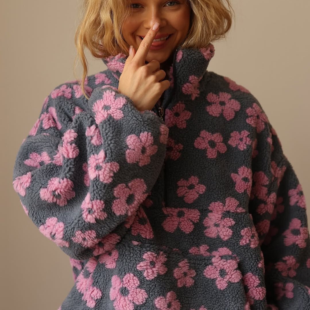 Celestine | Maglione oversize in caldo pile effetto orsacchiotto con motivo floreale