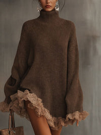 Eliana | Women's Turtleneck Knit Sweater Dress with Lace Ruffles