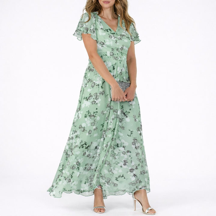 Ellara | Women's Fall Wedding Guest Floral Chiffon Flutter-Sleeve Maxi Dress