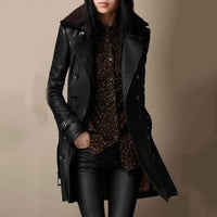 Nadia | Double-Breasted Shearling Collar Genuine Leather Jacket