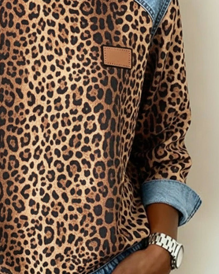 Liora | Leopard Print Denim Patchwork Pullover