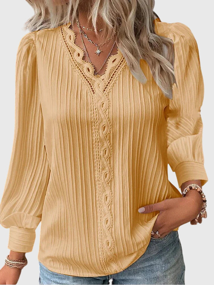 Mariselle | Elegant Pleated Lace Trim Blouse