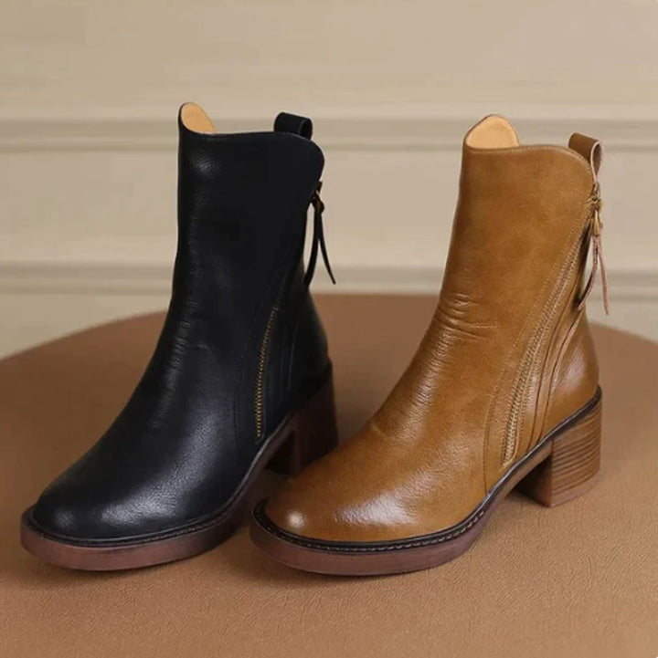 Velmira | Elegante Leder-Ankle-Boots für Damen mit Blockabsatz und seitlichem Reißverschluss