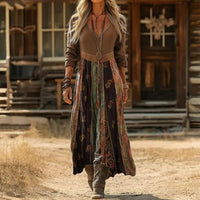 Leonara | Abito midi boho vintage da donna con maniche lunghe e motivo patchwork