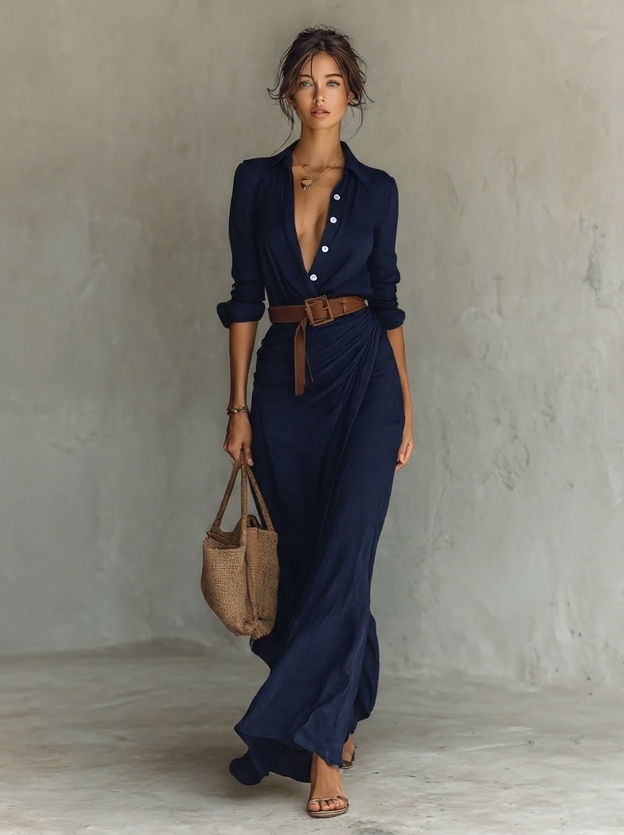 Lunara | Women's Belted Long Sleeve Flowing Maxi Shirt Dress