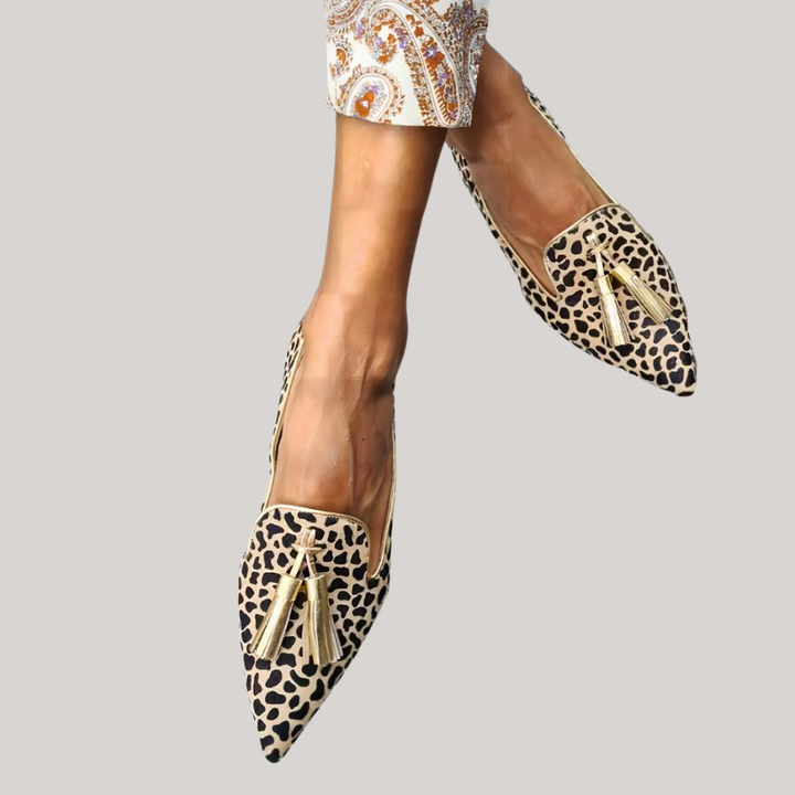 Camilla | Damen-Mokassins aus Leder mit Leopardenmuster und Quasten