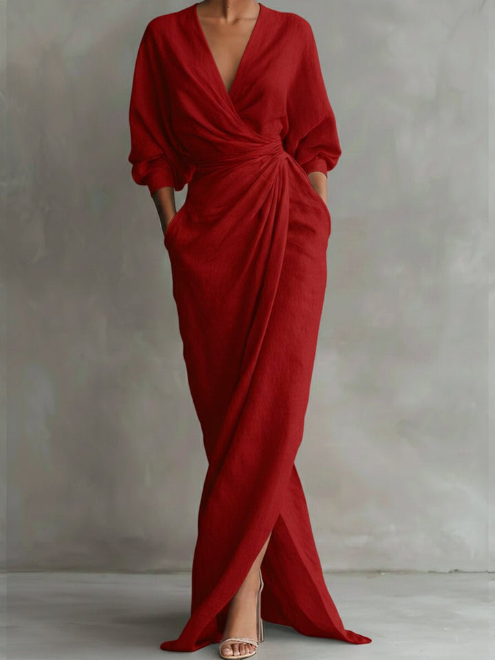 Velisande | Women's Elegant V-Neck Draped Maxi Wrap Dress