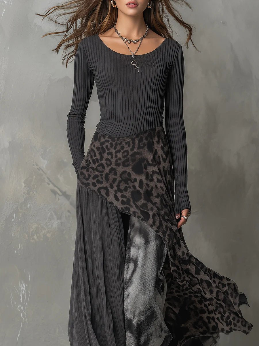 Amelisse | Women's Ribbed Top Leopard Print Asymmetrical Maxi Dress