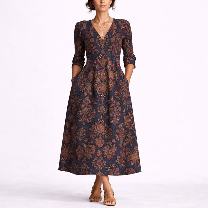 Lunaria | Women's Elegant Floral Printed V-Neck Midi Dress