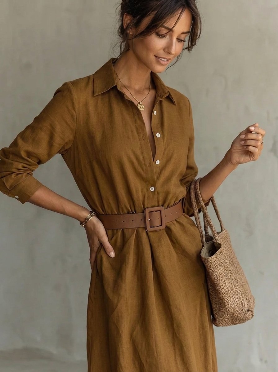 Lunara | Women's Belted Long Sleeve Flowing Maxi Shirt Dress