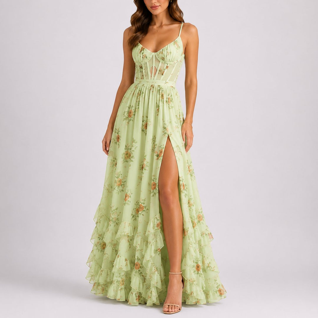 Violetara | Women's Fall Wedding Guest Floral Ruffled Corset Maxi Dress