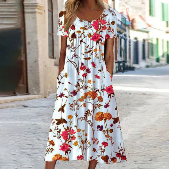 Alice | Elegant & Botanical Print Short Sleeve Midi Dress 0